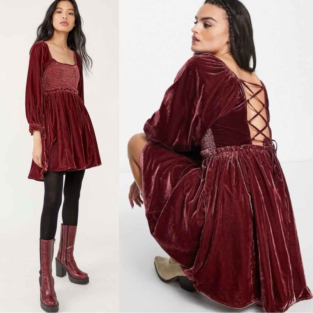Free People Dainty Renaissance Daphne Velvet Mini Dress Burgundy Brown Small - Picture 10 of 17